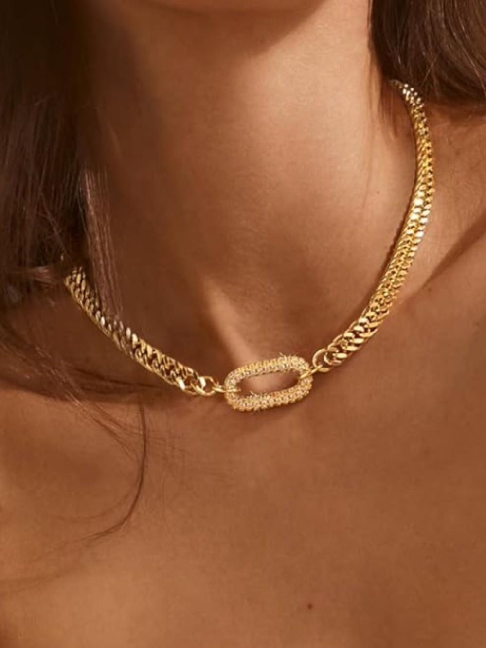 Anthropologie Gold Cubic Link Necklace with Crystal Accent - Picture 2 of 7